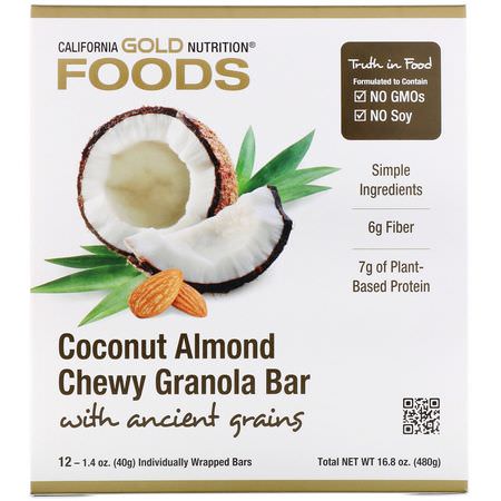 California Gold Nutrition, Foods, Coconut Almond Chewy Granola Bars, 12 Bars, 1.4 oz (40 g) Each:أشرطة البر,تين النباتي