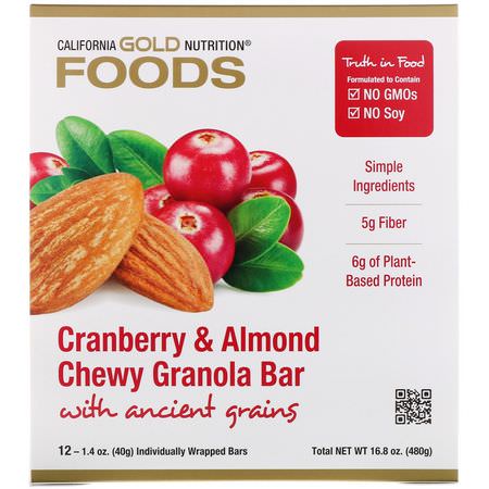 California Gold Nutrition, Foods, Cranberry & Almond Chewy Granola Bars, 12 Bars, 1.4 oz (40 g) Each:أشرطة البر,تين النباتي