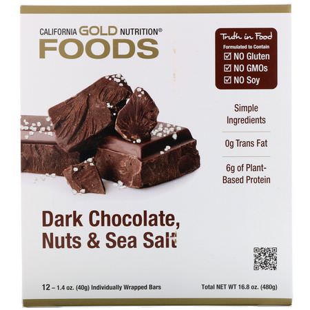 California Gold Nutrition, Foods, Dark Chocolate Nuts & Sea Salt Bars, 12 Bars, 1.4 oz (40 g) Each:أشرطة ال,جبات الخفيفة, أشرطة البر,تين النباتي