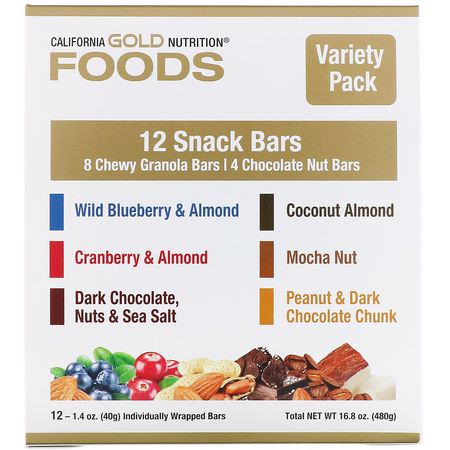 California Gold Nutrition, Foods, Variety Pack Snack Bars, 12 Bars, 1.4 oz (40 g) Each:أشرطة البر,تين النباتي