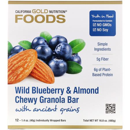 California Gold Nutrition, Foods, Wild Blueberry & Almond Chewy Granola Bars, 12 Bars, 1.4 oz (40 g) Each:أشرطة البر,تين النباتي