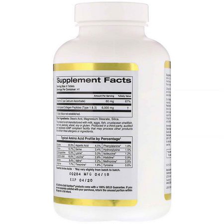 California Gold Nutrition, Hydrolyzed Collagen Peptides + Vitamin C, Type 1 & 3, 6,000 mg, 250 Tablets:العظام, مكملات الك,لاجين
