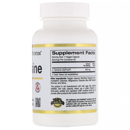 California Gold Nutrition, L-Tyrosine, AjiPure, 500 mg, 60 Veggie Capsules:L-Tyrosine,الأحماض الأمينية