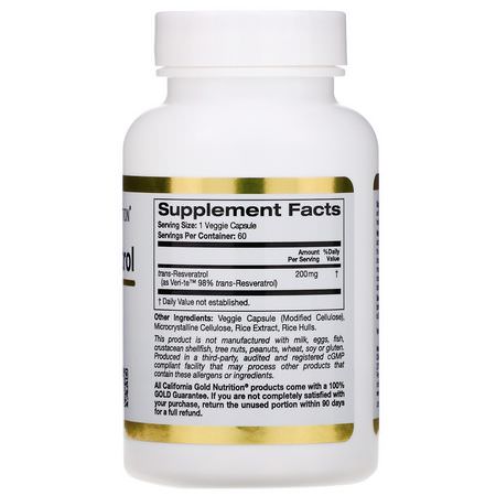 California Gold Nutrition, Trans-Resveratrol, Italian Sourced, 200 mg, 60 Veggie Capsules:ريسفيراتر,ل, مضادات الأكسدة