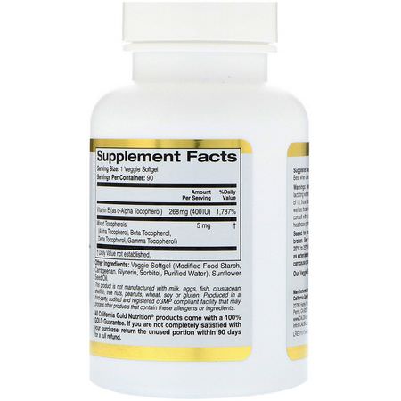 California Gold Nutrition, Sunflower Vitamin E, with Mixed Tocopherols, 400 IU, 90 Veggie Softgels:فيتامين E, الفيتامينات