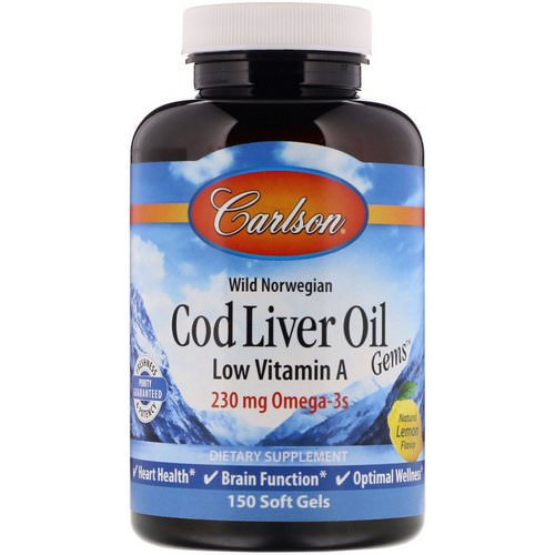 Carlson Labs, Cod Liver Oil Gems, Low Vitamin A, Natural Lemon Flavor, 1,000 mg, 150 Soft Gels فوائد