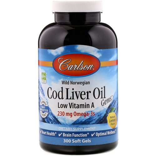 Carlson Labs, Cod Liver Oil Gems, Low Vitamin A, Natural Lemon Flavor, 300 Soft Gels فوائد