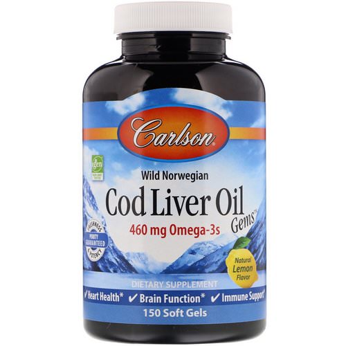Carlson Labs, Cod Liver Oil Gems, Natural Lemon, 460 mg, 150 Soft Gels فوائد