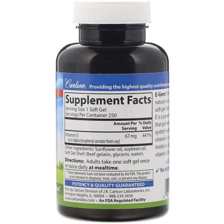 Carlson Labs, E-Gems, 100 IU (67 mg), 250 Softgels:فيتامين هـ, الفيتامينات