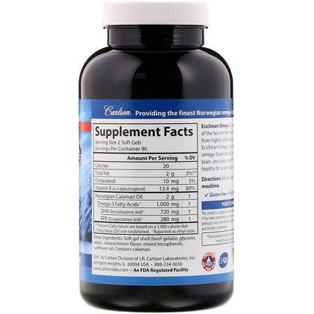 Carlson Labs, EcoSmart Omega-3, Natural Lemon Flavor, 1,000 mg, 180 Soft Gels:زيت السمك أوميغا 3, EPA DHA