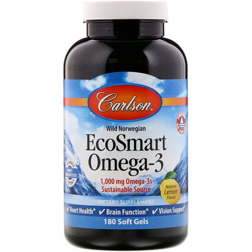 Carlson Labs, EcoSmart Omega-3, Natural Lemon Flavor, 1,000 mg, 180 Soft Gels فوائد