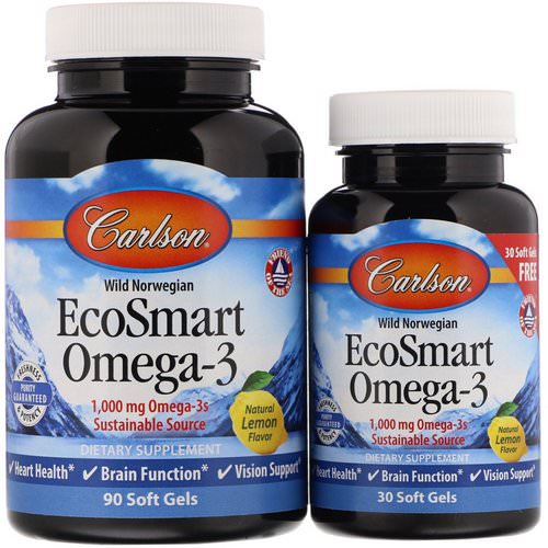 Carlson Labs, EcoSmart Omega-3, Natural Lemon Flavor, 1,000 mg, 90 + 30 Soft Gels فوائد
