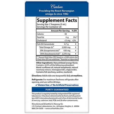 Carlson Labs, Elite DHA, Natural Orange Flavor, 2270 mg, 3.3 fl oz (100 ml):DHA, Omegas EPA DHA