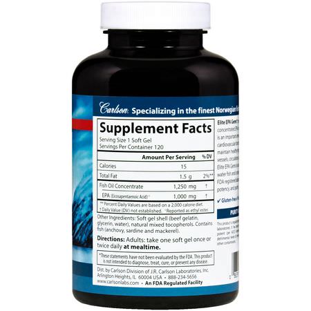 Carlson Labs, Elite EPA Gems, 1000 mg, 120 Soft Gels:زيت السمك أوميغا 3, EPA DHA