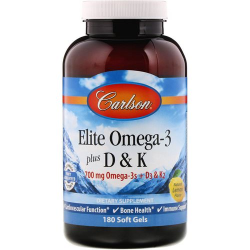 Carlson Labs, Elite Omega-3 Plus D & K, Natural Lemon Flavor, 180 Soft Gels فوائد