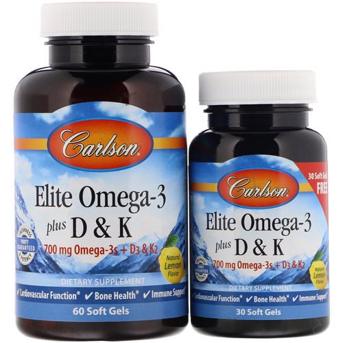 Carlson Labs, Elite Omega-3 Plus D & K, Natural Lemon Flavor, 60 + 30 Free Soft Gels فوائد