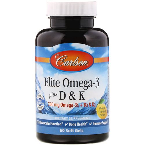 Carlson Labs, Elite Omega-3 Plus D & K, Natural Lemon Flavor, 60 Soft Gels فوائد
