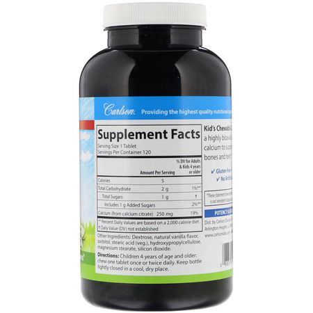 Carlson Labs, Kid's Chewable Calcium, Natural Vanilla Flavor, 250 mg, 120 Tablets:كالسي,م الأطفال, صحة الأطفال