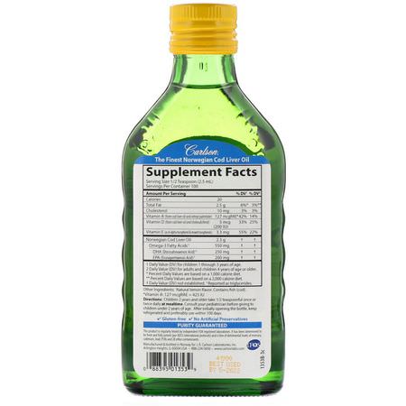 Carlson Labs, Kid's, Norwegian Cod Liver Oil, Natural Lemon Flavor, 8.4 fl oz (250 ml):أ,ميغا, DHA للأطفال
