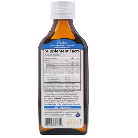 Carlson Labs, Kid's, Norwegian, The Very Finest Fish Oil, Natural Lemon Flavor, 6.7 fl oz (200 ml):أ,ميغا, DHA للأطفال