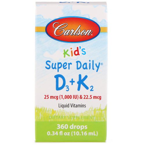 Carlson Labs, Kids, Super Daily D3+K2, 25 mcg (1,000 IU) & 22.5 mcg, 0.34 fl oz (10.16 ml) فوائد