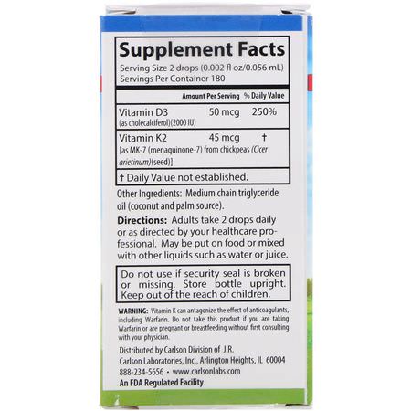 Carlson Labs, Liquid Vitamins, Super Daily D3+K2, 50 mcg (2,000 IU) & 45 mcg, 0.34 fl oz (10.16 ml):D3 Cholecalciferol, فيتامين D