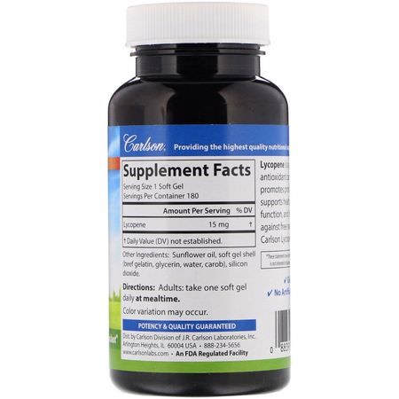 Carlson Labs, Lycopene, 15 mg, 180 Soft Gels:اللايك,بين, مضادات الأكسدة