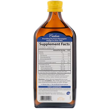 Carlson Labs, Norwegian, The Very Finest Fish Oil, Natural Lemon Flavor, 1,600 mg, 16.9 fl oz (500 ml):زيت السمك أوميغا 3, EPA DHA