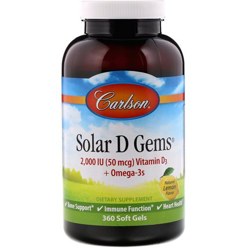 Carlson Labs, Solar D Gems, Vitamin D3 + Omega-3s, Natural Lemon Flavor, 2,000 IU, 360 Soft Gels فوائد
