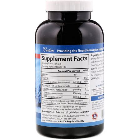 Carlson Labs, Super-DHA Gems, 500 mg, 180 Soft Gels:DHA, Omegas EPA DHA