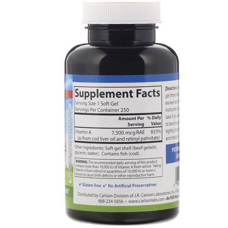 Carlson Labs, Vitamin A, 25,000 IU (7,500 mcg RAE), 250 Soft Gels:فيتامين أ, الفيتامينات