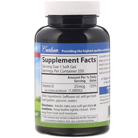 Carlson Labs, Vitamin D3, 1,000 IU (25 mcg), 250 Soft Gels:D3 Cholecalciferol, فيتامين D