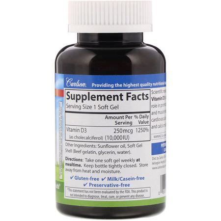 Carlson Labs, Vitamin D3, 10,000 IU (250 mcg), 120 Soft Gels:D3 Cholecalciferol, فيتامين د