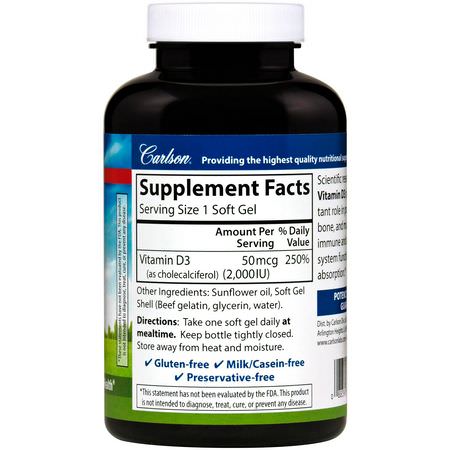 Carlson Labs, Vitamin D3, 2,000 IU (50 mcg), 360 Soft Gels:D3 Cholecalciferol, فيتامين د