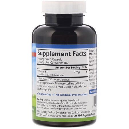 Carlson Labs, Vitamin K2, MK-4 (Menatetrenone), 5 mg, 180 Capsules:فيتامين K, الفيتامينات