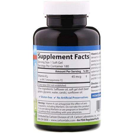 Carlson Labs, Vitamin K2 MK-7 (Menaquinone-7), 45 mcg, 180 Soft Gels:فيتامين K, الفيتامينات