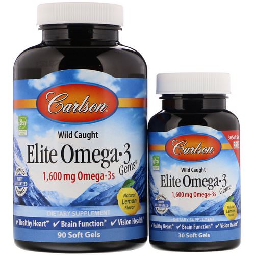 Carlson Labs, Wild Caught, Elite Omega-3 Gems, Natural Lemon Flavor, 1,600 mg, 90 + 30 Free Soft Gels فوائد