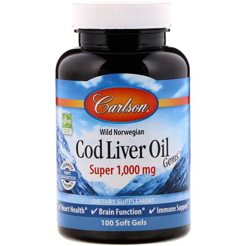 Carlson Labs, Wild Norwegian Cod Liver Oil Gems, Super, 1000 mg, 100 Soft Gels فوائد