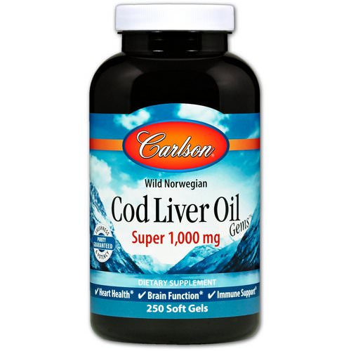 Carlson Labs, Wild Norwegian Cod Liver Oil Gems, Super, 1000 mg, 250 Soft Gels فوائد