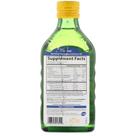 Carlson Labs, Wild Norwegian Cod Liver Oil, Natural Lemon Flavor, 1,000 mg, 8.4 fl oz (250 ml):زيت كبد سمك القد, Omega EPA DHA