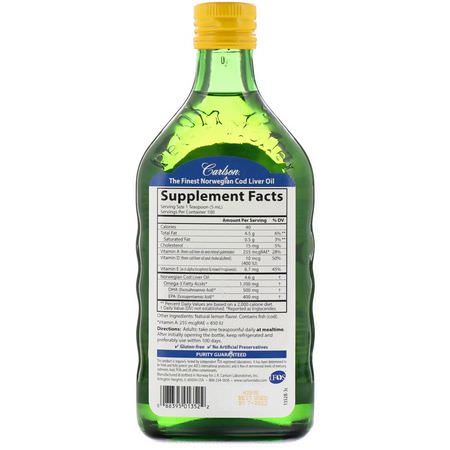 Carlson Labs, Wild Norwegian Cod Liver Oil, Natural Lemon Flavor, 16.9 fl oz (500 ml):زيت كبد سمك القد, Omega EPA DHA
