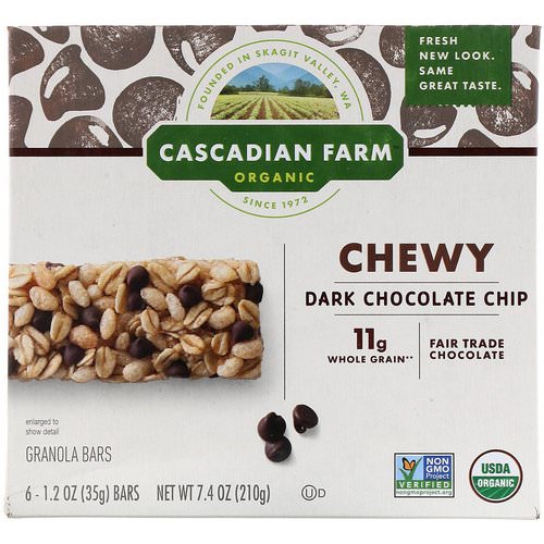 Cascadian Farm, Organic Chewy Granola Bars, Dark Chocolate Chip, 6 Bars, 1.2 oz (35 g) Each فوائد