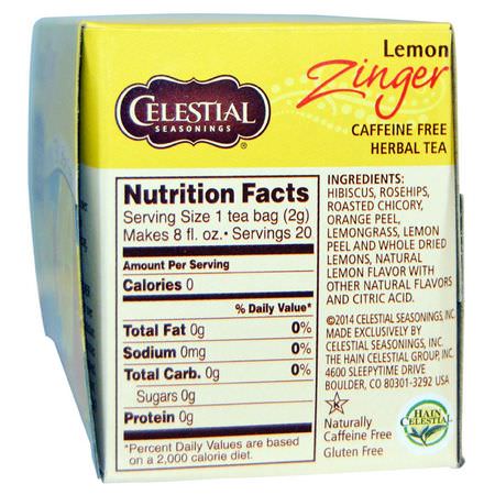 Celestial Seasonings, Herbal Tea, Caffeine Free, Lemon Zinger, 20 Tea Bags, 1.7 oz (47 g):شاي الف,اكه, شاي الأعشاب