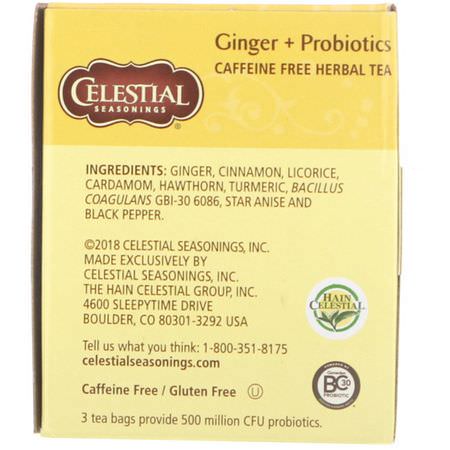 Celestial Seasonings, Herbal Tea, Ginger + Probiotics, Caffeine Free, 20 Tea Bags, 1.1 oz (31 g):شاي طبي, شاي زنجبيل
