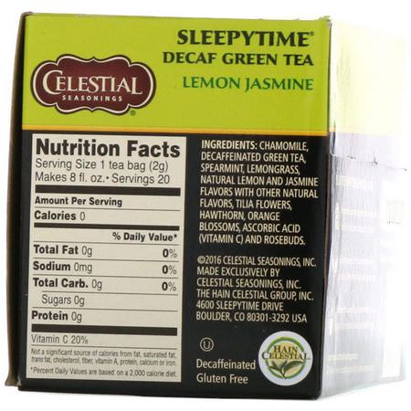 Celestial Seasonings, Sleepytime Green Lemon Jasmine, Decaf, 20 Tea Bags, 1.1 oz (31 g):شاي الأعشاب ,الشاي الأخضر