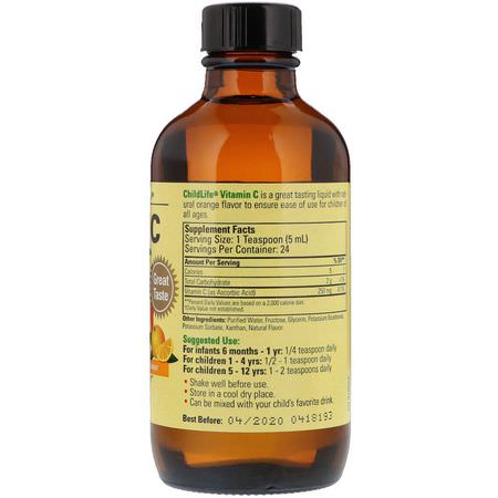 ChildLife, Essentials, Liquid Vitamin C, Natural Orange Flavor, 4 fl oz (118.5 mL):أنفلونزا, سعال
