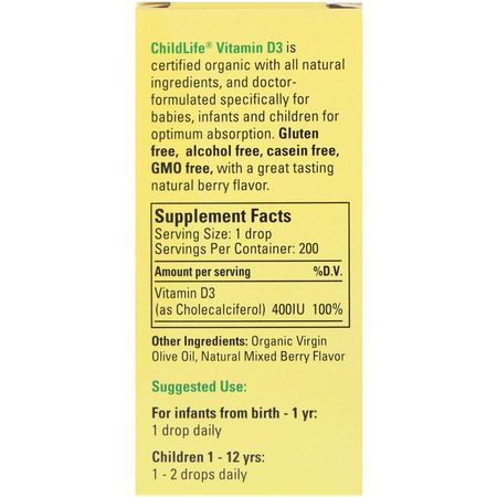 ChildLife, Organic Vitamin D3 Drops, Natural Berry Flavor, 400 IU, 0.338 fl oz (10 ml):فيتامين (د) للأطفال, الصحة
