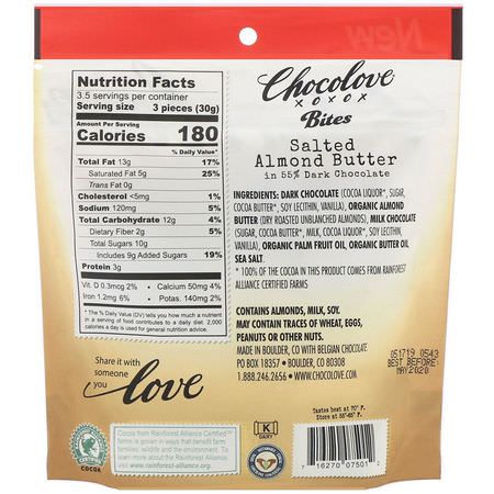 Chocolove, Bites, Salted Almond Butter in 55% Dark Chocolate, 3.5 oz (100 g):حل,ى, ش,ك,لاتة
