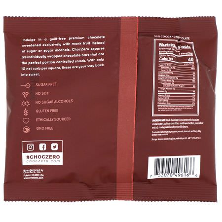 ChocZero Inc, 70% Cocoa Dark Chocolate Squares, Sugar Free, 10 Pieces, 3.5 oz (100 g):حلويات, شوكولاتة