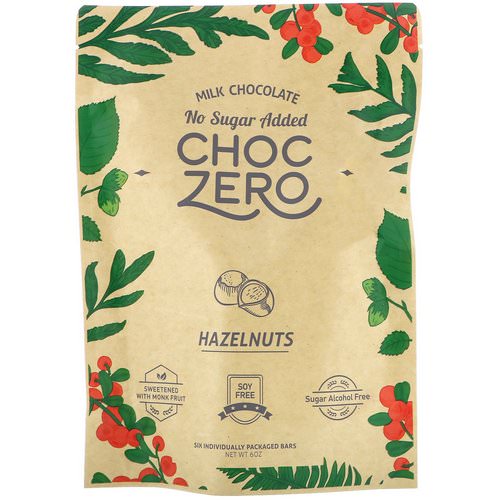 ChocZero Inc, Milk Chocolate, Hazelnuts, No Sugar Added, 6 Bars, 1 oz Each فوائد